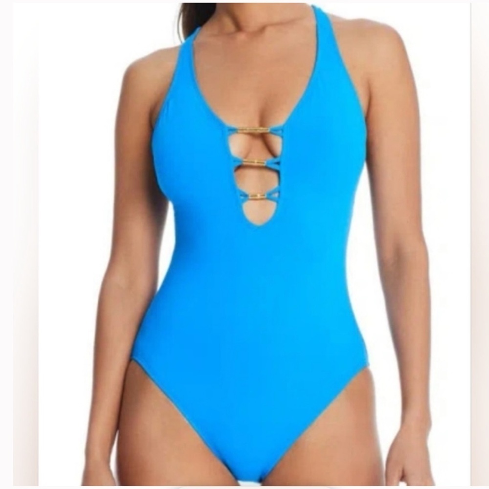 Bleu Rod Beattie swimsuit 6 royal blue one piece plunge Lace Down deepV
